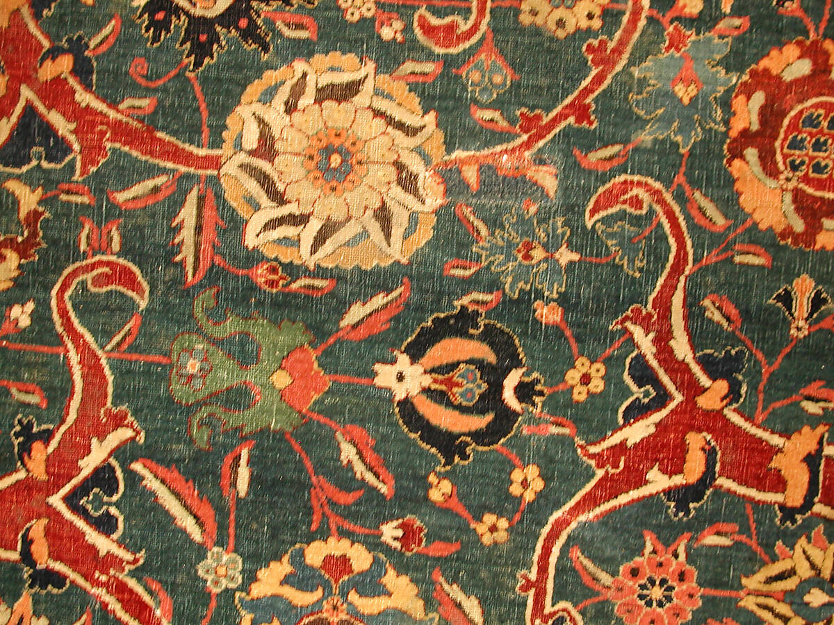 Blue-ground Carpet Fragment with Scrolling Floral Vines, Cotton (warp), wool (weft and pile); asymmetrically knotted pile