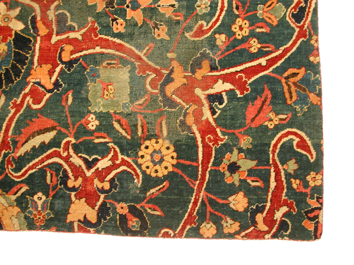 Blue-ground Carpet Fragment with Scrolling Floral Vines, Cotton (warp), wool (weft and pile); asymmetrically knotted pile