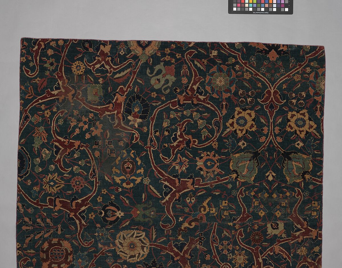 Blue-ground Carpet Fragment with Scrolling Floral Vines, Cotton (warp), wool (weft and pile); asymmetrically knotted pile