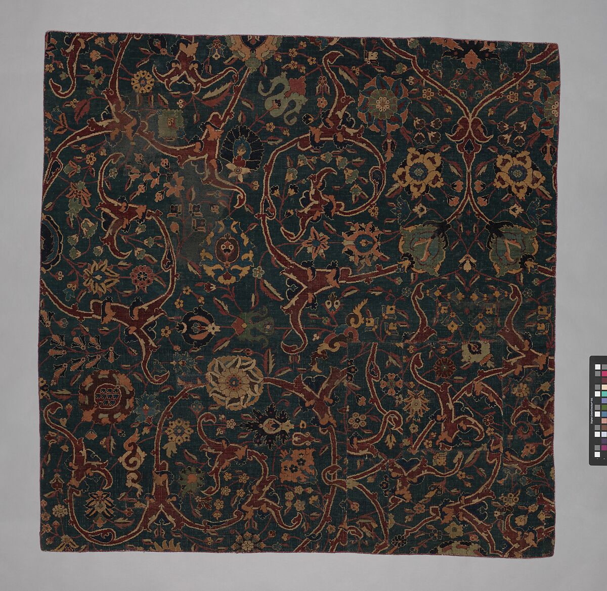 Blue-ground Carpet Fragment with Scrolling Floral Vines, Cotton (warp), wool (weft and pile); asymmetrically knotted pile 