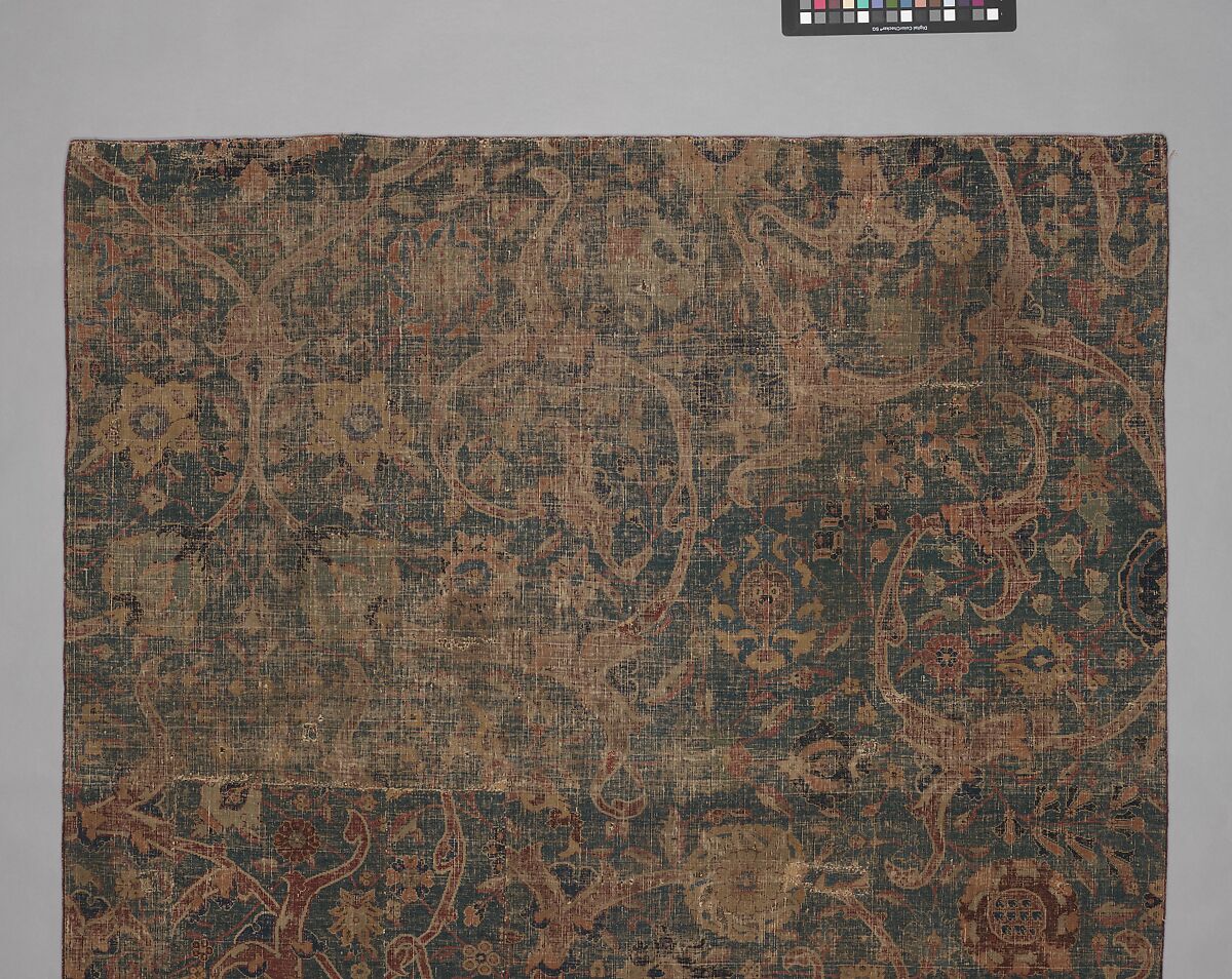 Blue-ground Carpet Fragment with Scrolling Floral Vines, Cotton (warp), wool (weft and pile); asymmetrically knotted pile