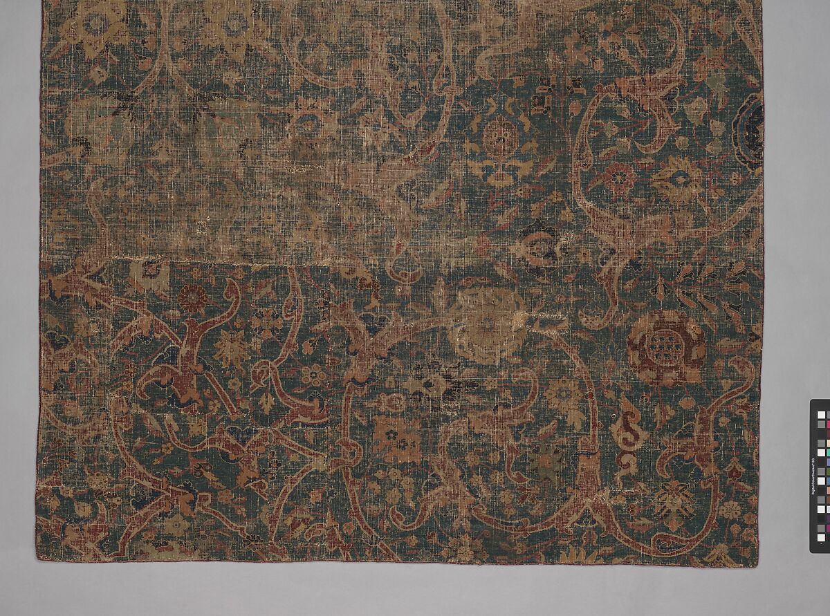 Blue-ground Carpet Fragment with Scrolling Floral Vines, Cotton (warp), wool (weft and pile); asymmetrically knotted pile