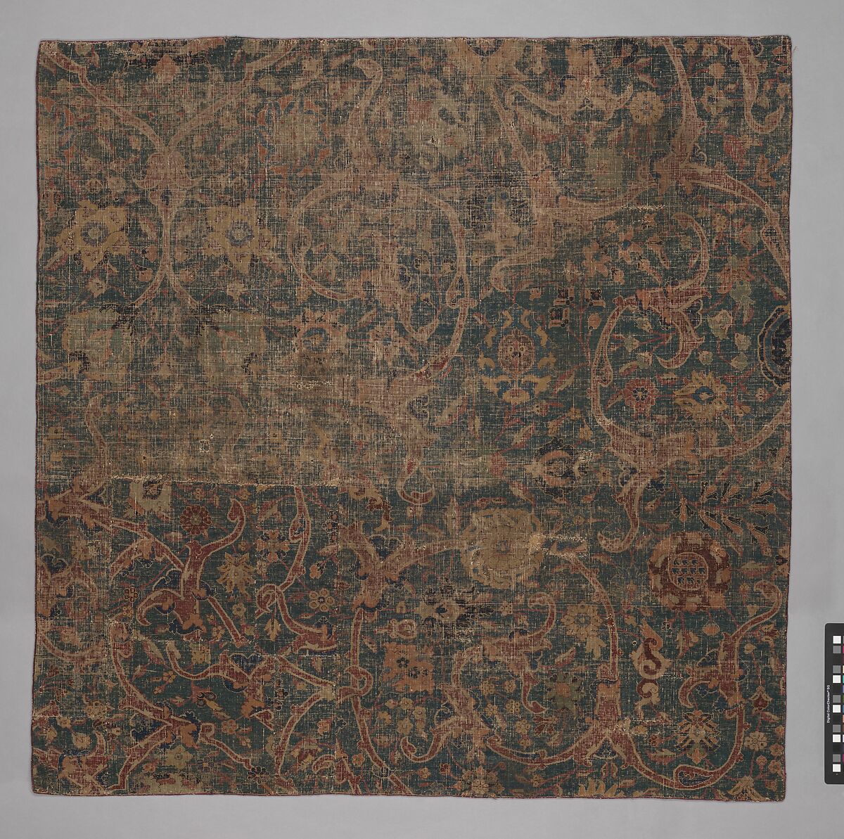 Blue-ground Carpet Fragment with Scrolling Floral Vines, Cotton (warp), wool (weft and pile); asymmetrically knotted pile