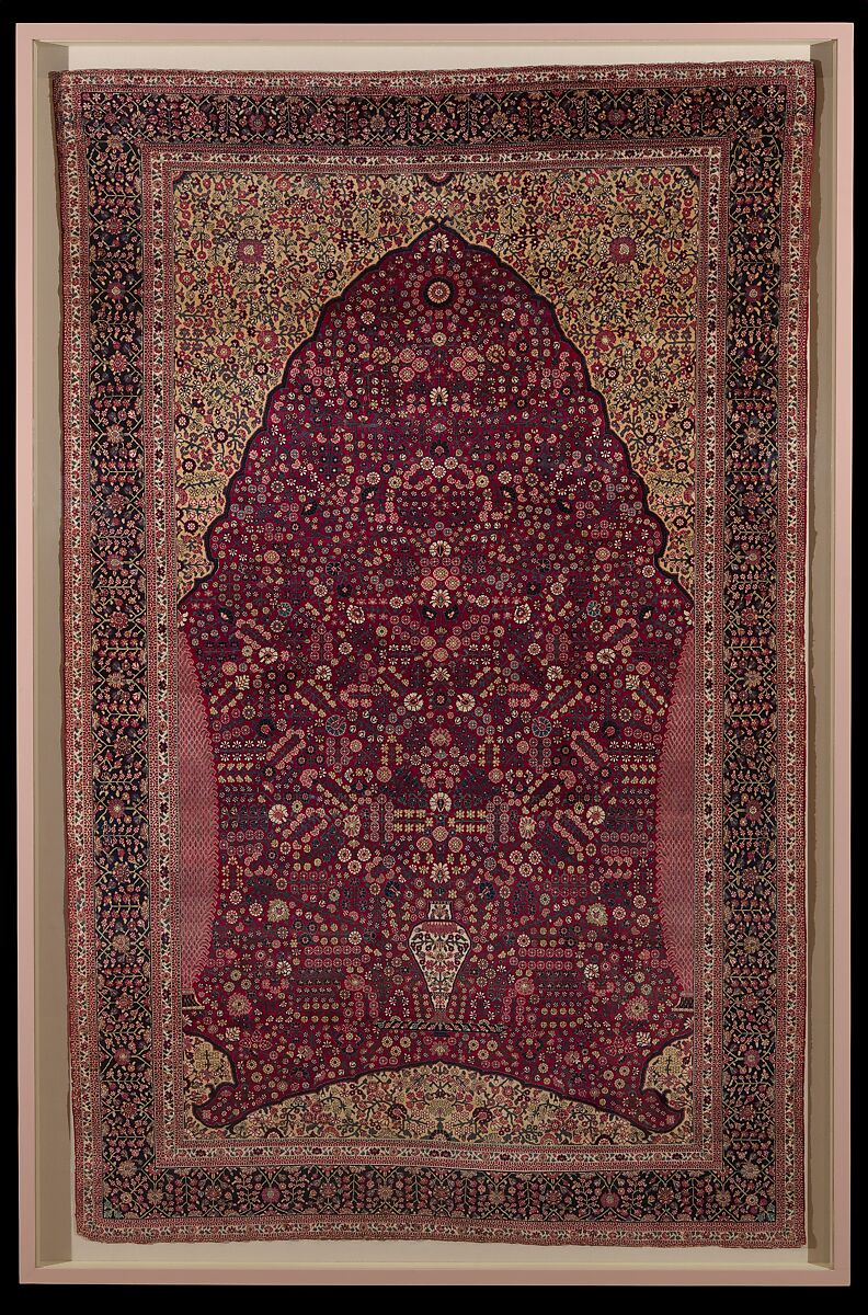 Pashmina Carpet with Gateway-and-Millefleur Pattern, Cotton (warp and weft), pashmina wool (pile); asymmetrically knotted pile 