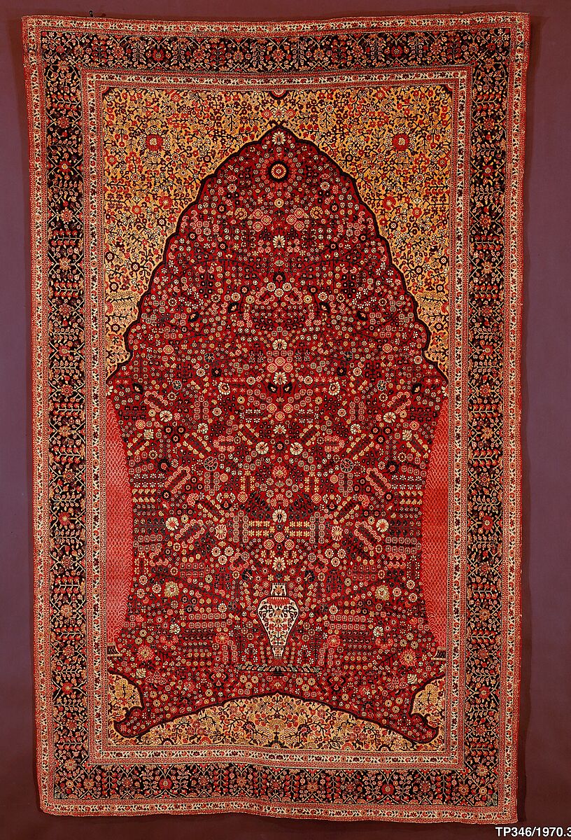 Pashmina Carpet with Gateway-and-Millefleur Pattern, Cotton (warp and weft), pashmina wool (pile); asymmetrically knotted pile