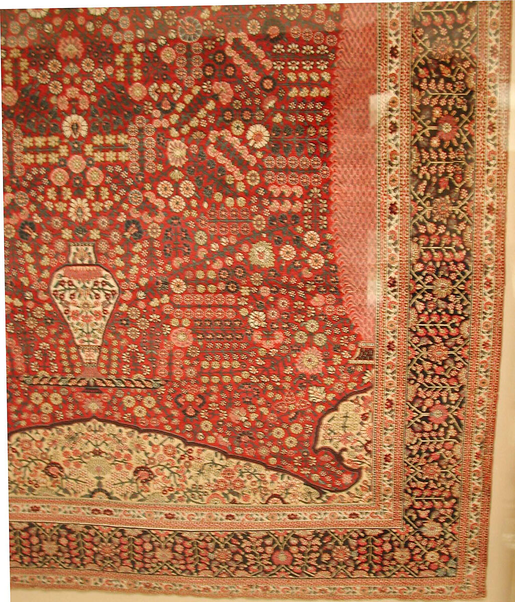 Pashmina Carpet with Gateway-and-Millefleur Pattern, Cotton (warp and weft), pashmina wool (pile); asymmetrically knotted pile