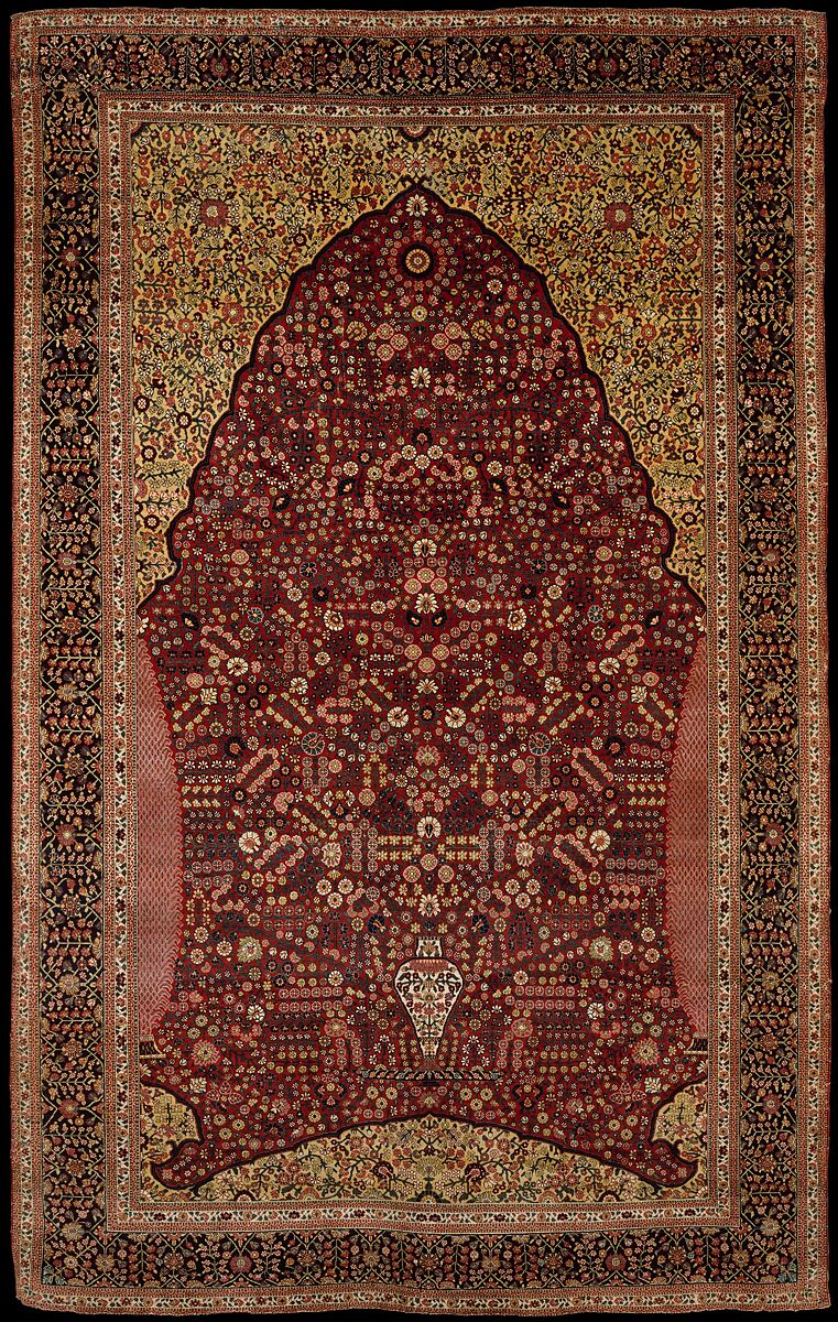 Pashmina Carpet with Gateway-and-Millefleur Pattern, Cotton (warp and weft), pashmina wool (pile); asymmetrically knotted pile