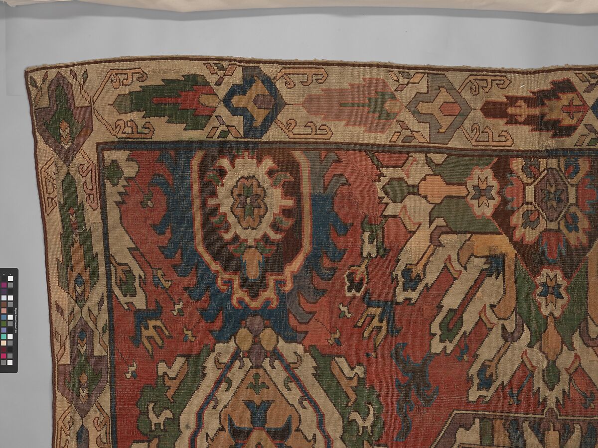Carpet with Geometricized Floral Design, Wool (warp, weft, and pile); symmetrically knotted pile