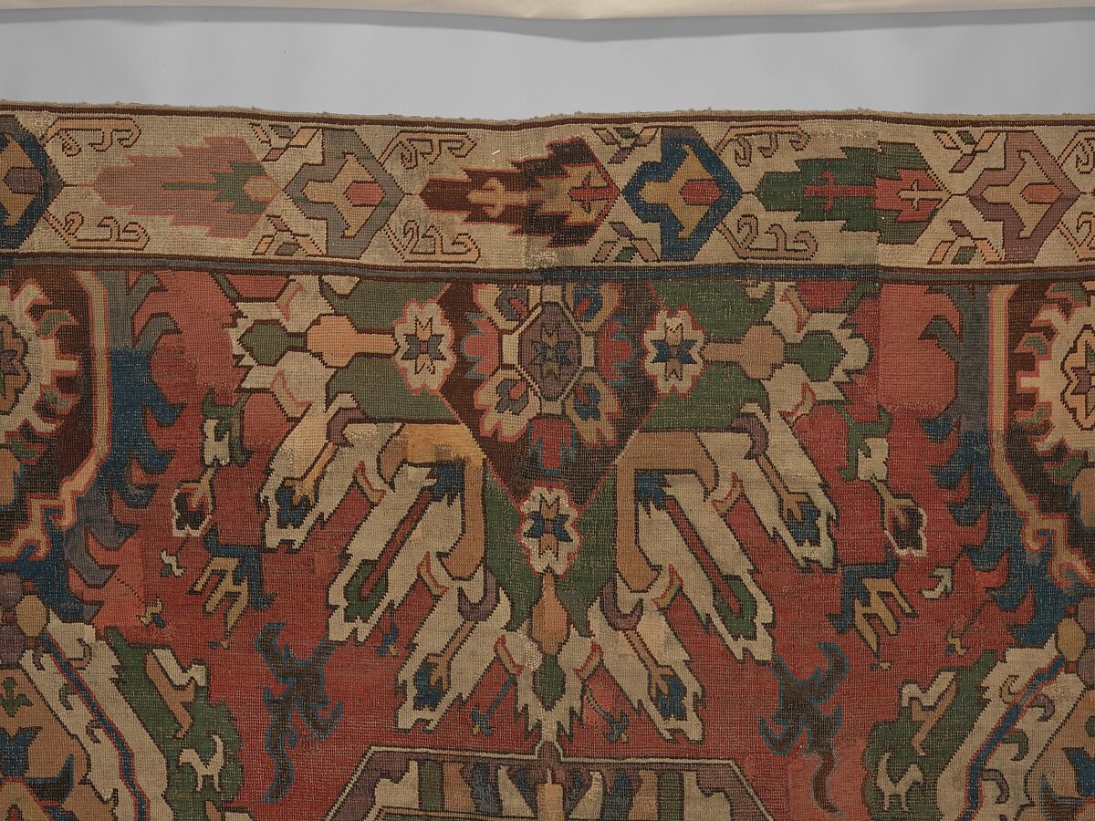 Carpet with Geometricized Floral Design, Wool (warp, weft, and pile); symmetrically knotted pile