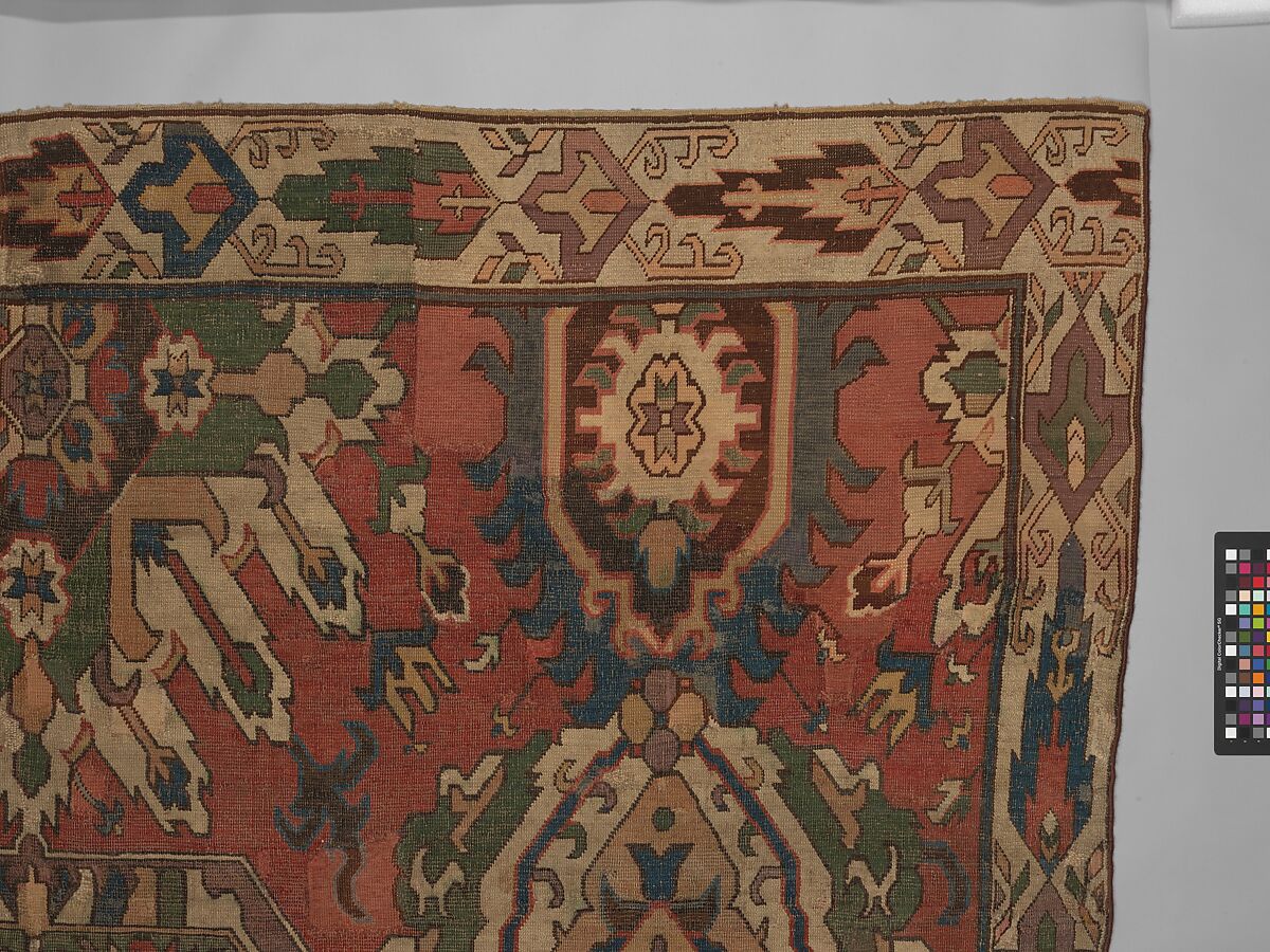 Carpet with Geometricized Floral Design, Wool (warp, weft, and pile); symmetrically knotted pile
