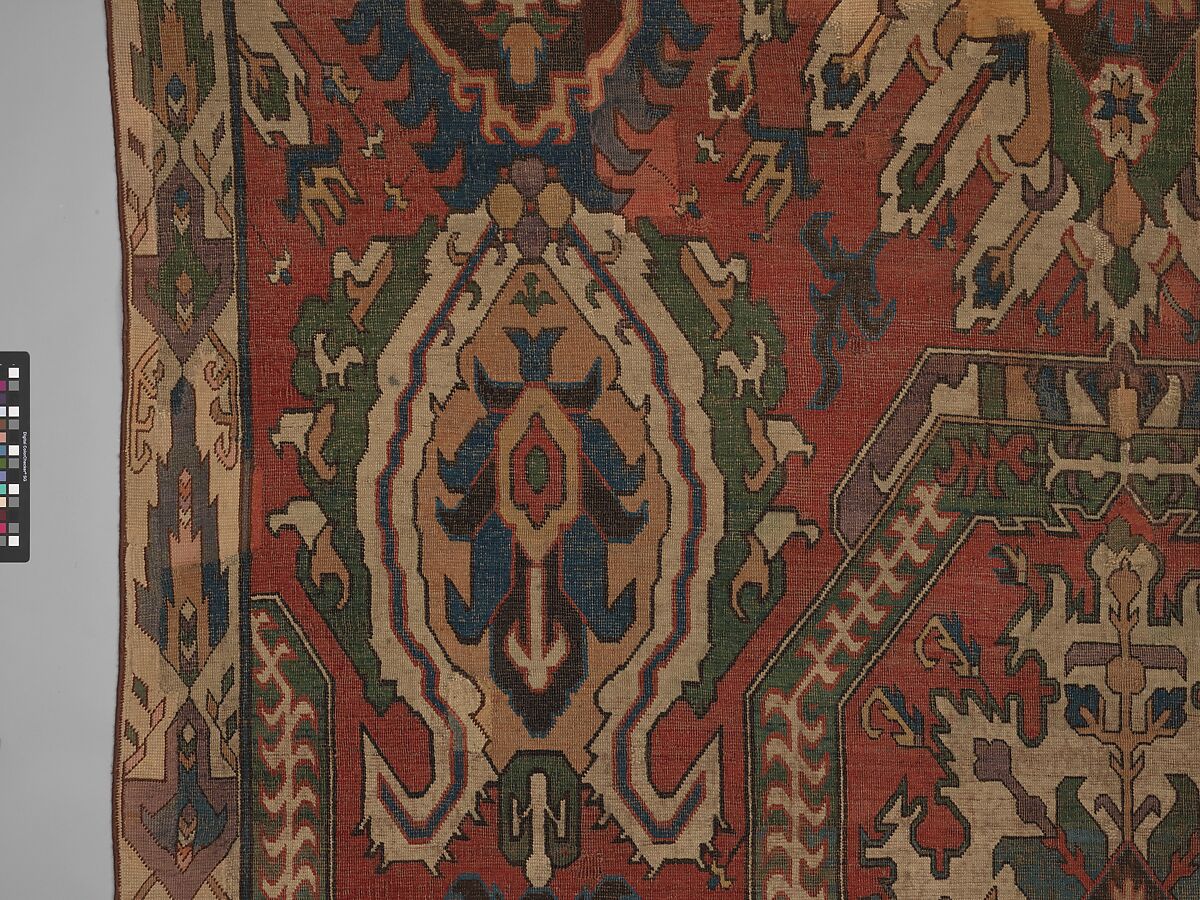 Carpet with Geometricized Floral Design, Wool (warp, weft, and pile); symmetrically knotted pile
