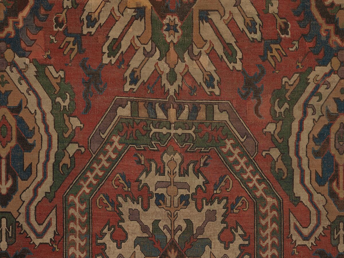 Carpet with Geometricized Floral Design, Wool (warp, weft, and pile); symmetrically knotted pile