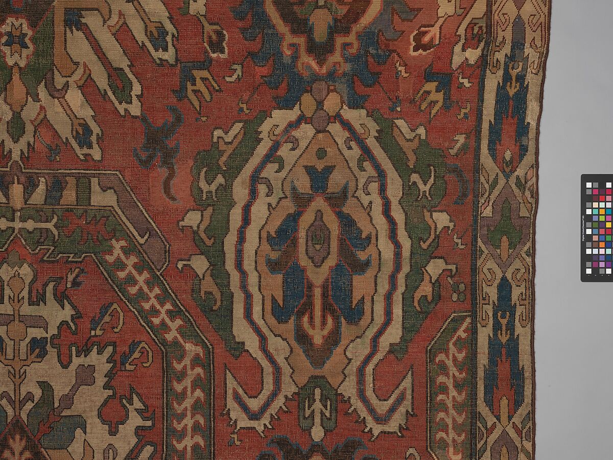 Carpet with Geometricized Floral Design, Wool (warp, weft, and pile); symmetrically knotted pile
