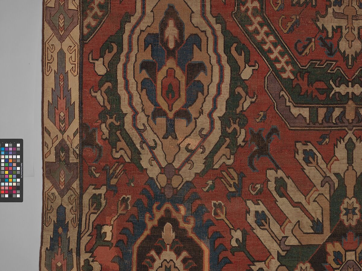 Carpet with Geometricized Floral Design, Wool (warp, weft, and pile); symmetrically knotted pile