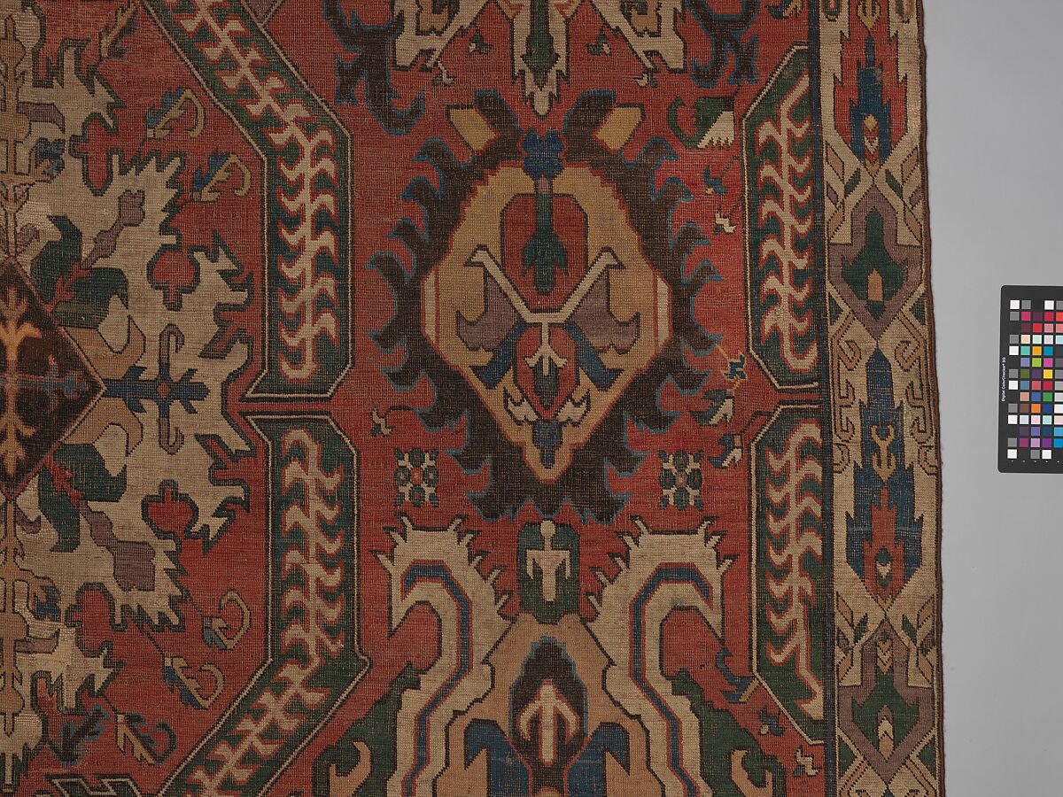 Carpet with Geometricized Floral Design, Wool (warp, weft, and pile); symmetrically knotted pile