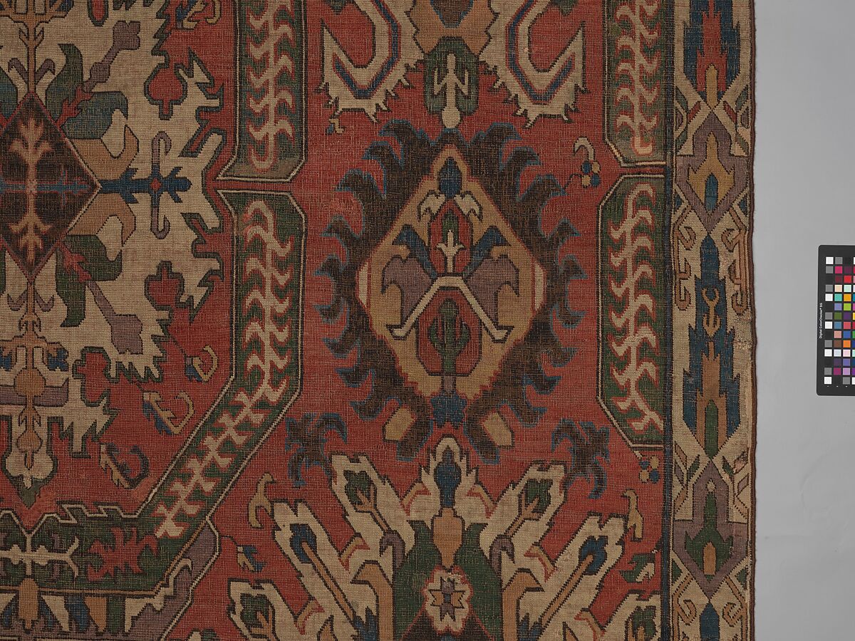 Carpet with Geometricized Floral Design, Wool (warp, weft, and pile); symmetrically knotted pile