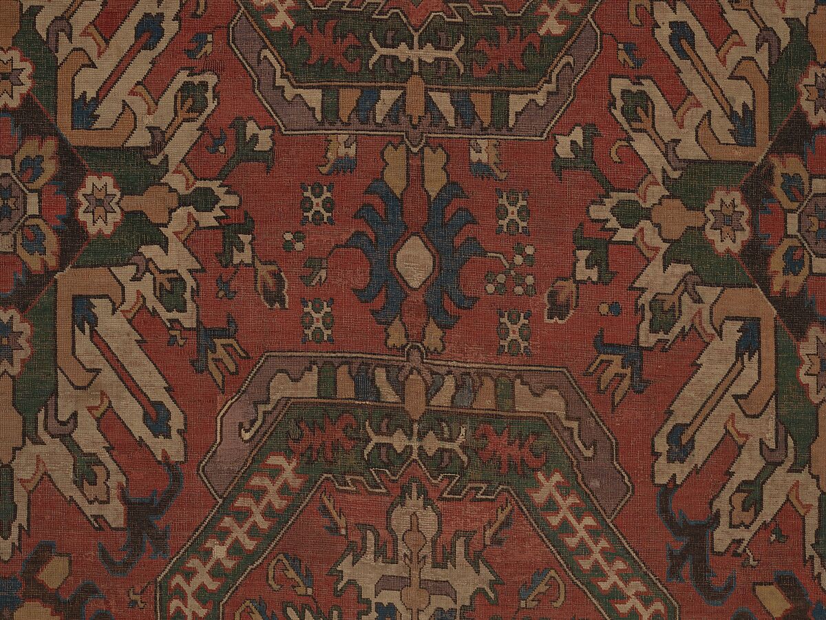 Carpet with Geometricized Floral Design, Wool (warp, weft, and pile); symmetrically knotted pile