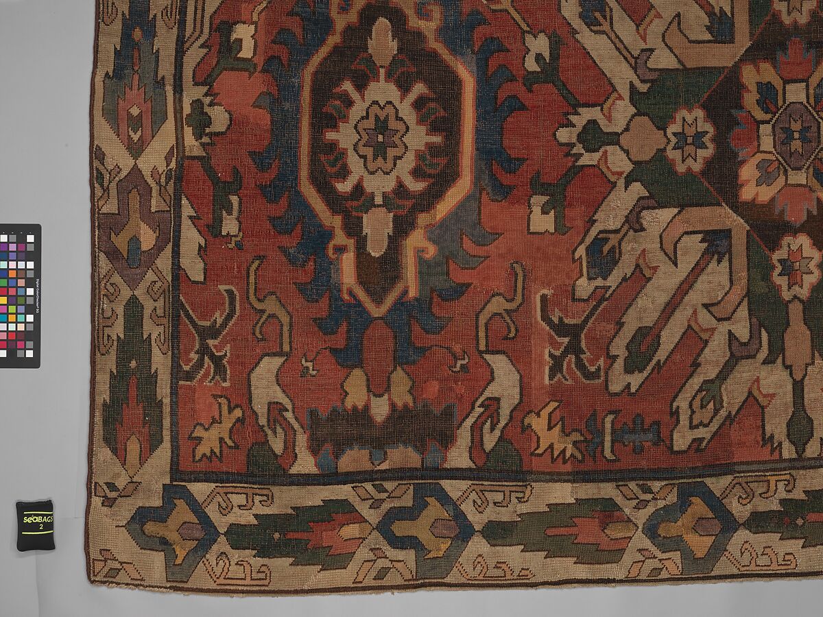Carpet with Geometricized Floral Design, Wool (warp, weft, and pile); symmetrically knotted pile
