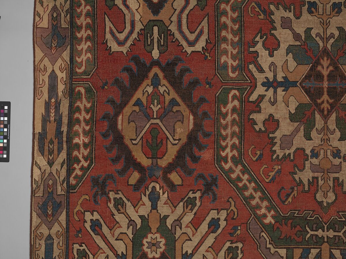 Carpet with Geometricized Floral Design, Wool (warp, weft, and pile); symmetrically knotted pile