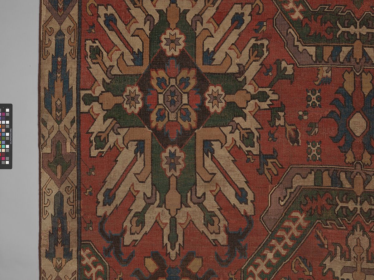 Carpet with Geometricized Floral Design, Wool (warp, weft, and pile); symmetrically knotted pile