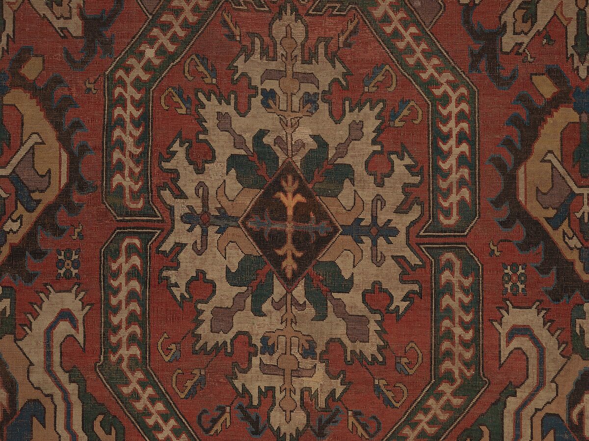 Carpet with Geometricized Floral Design, Wool (warp, weft, and pile); symmetrically knotted pile