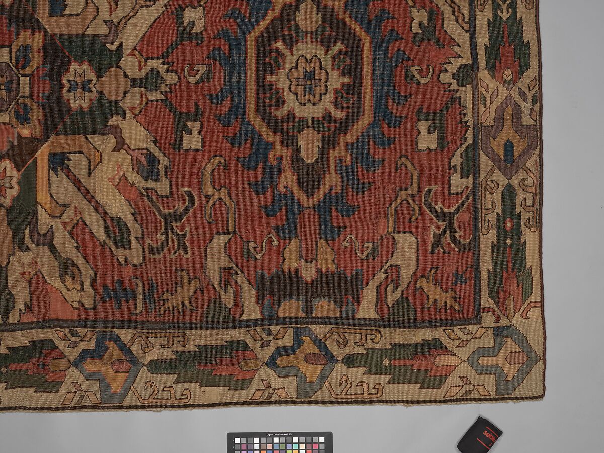 Carpet with Geometricized Floral Design, Wool (warp, weft, and pile); symmetrically knotted pile