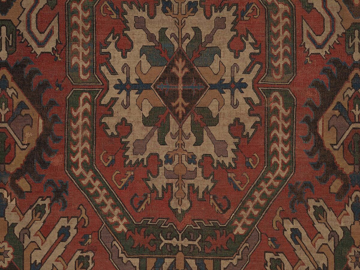 Carpet with Geometricized Floral Design, Wool (warp, weft, and pile); symmetrically knotted pile