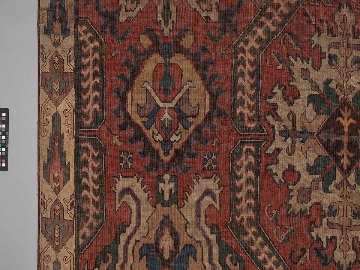 Carpet with Geometricized Floral Design, Wool (warp, weft, and pile); symmetrically knotted pile