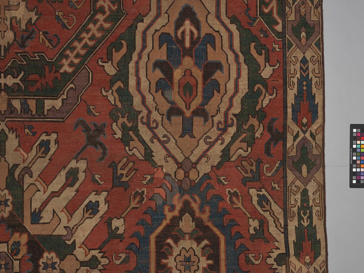 Carpet with Geometricized Floral Design, Wool (warp, weft, and pile); symmetrically knotted pile