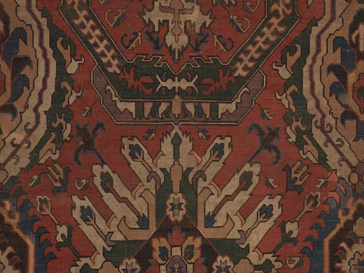 Carpet with Geometricized Floral Design, Wool (warp, weft, and pile); symmetrically knotted pile