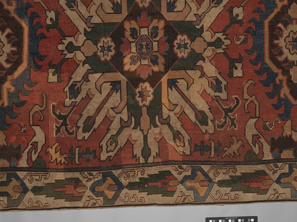 Carpet with Geometricized Floral Design, Wool (warp, weft, and pile); symmetrically knotted pile