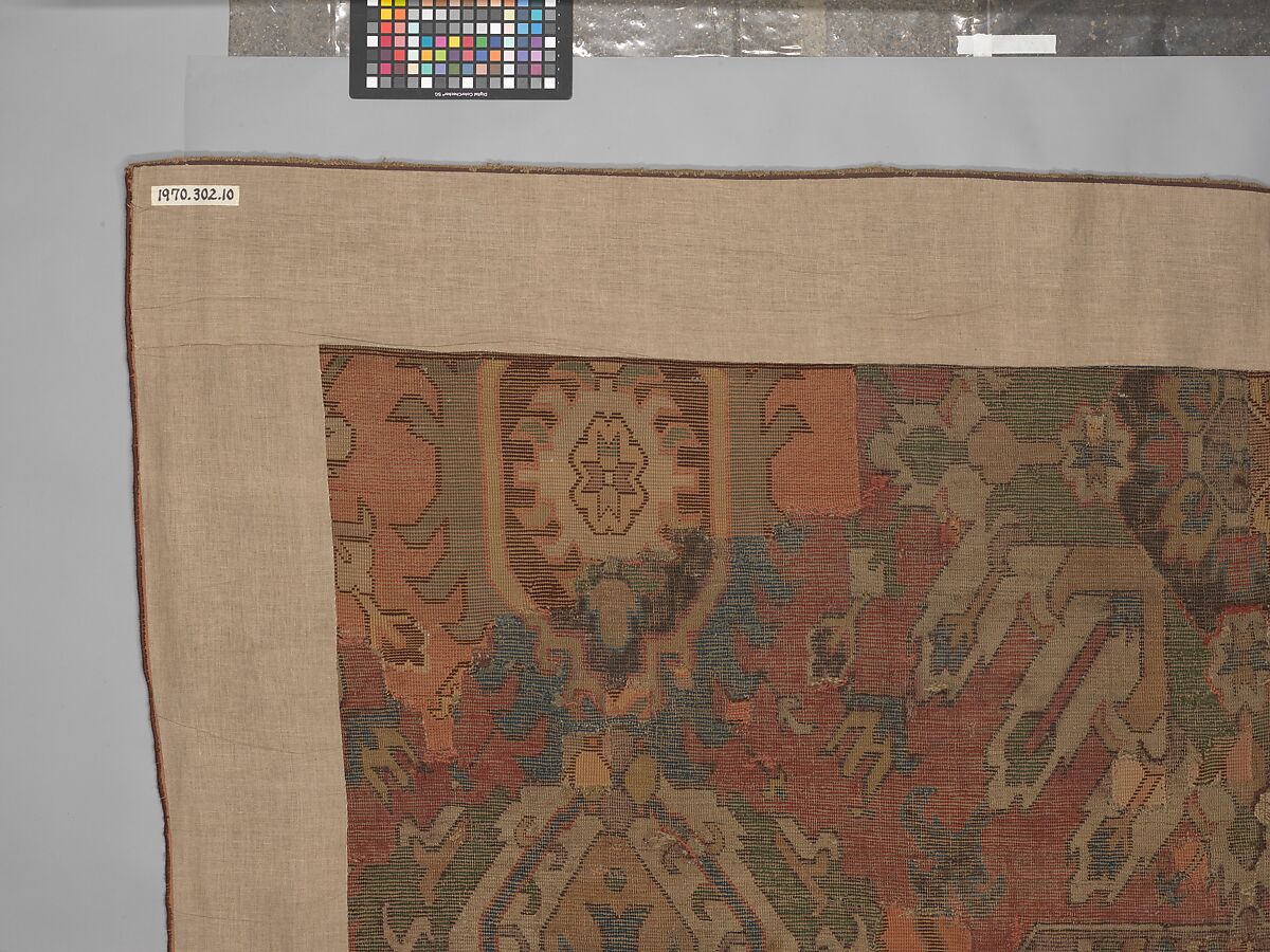 Carpet with Geometricized Floral Design, Wool (warp, weft, and pile); symmetrically knotted pile
