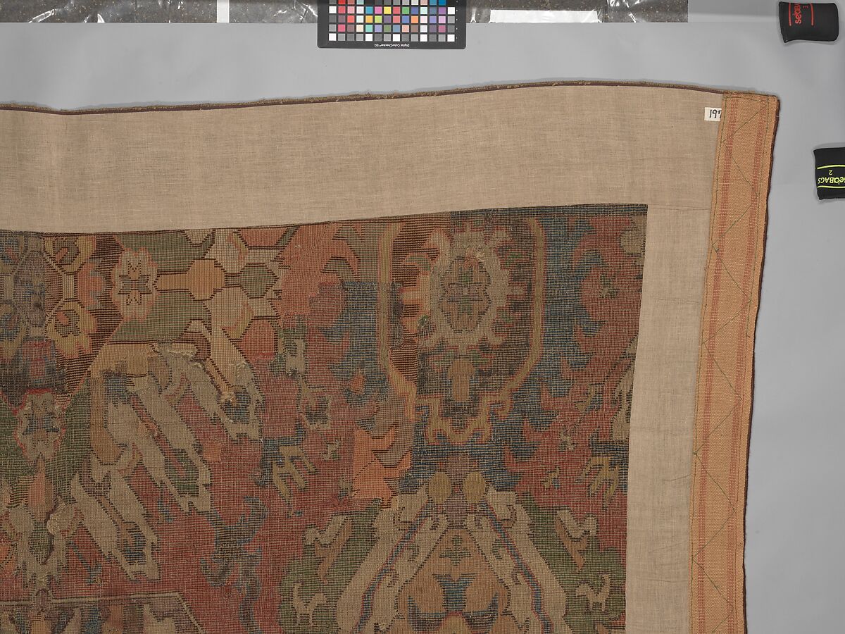 Carpet with Geometricized Floral Design, Wool (warp, weft, and pile); symmetrically knotted pile