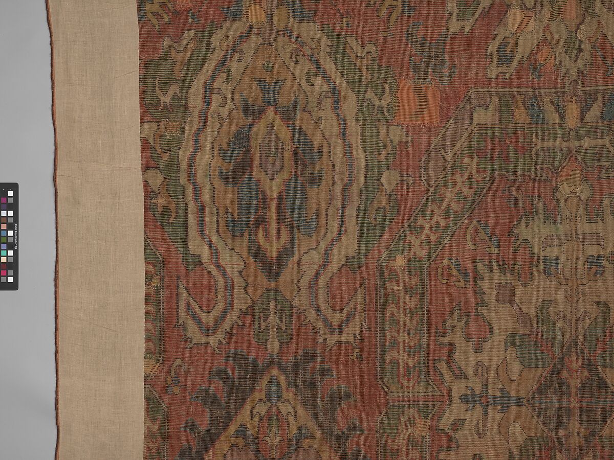 Carpet with Geometricized Floral Design, Wool (warp, weft, and pile); symmetrically knotted pile