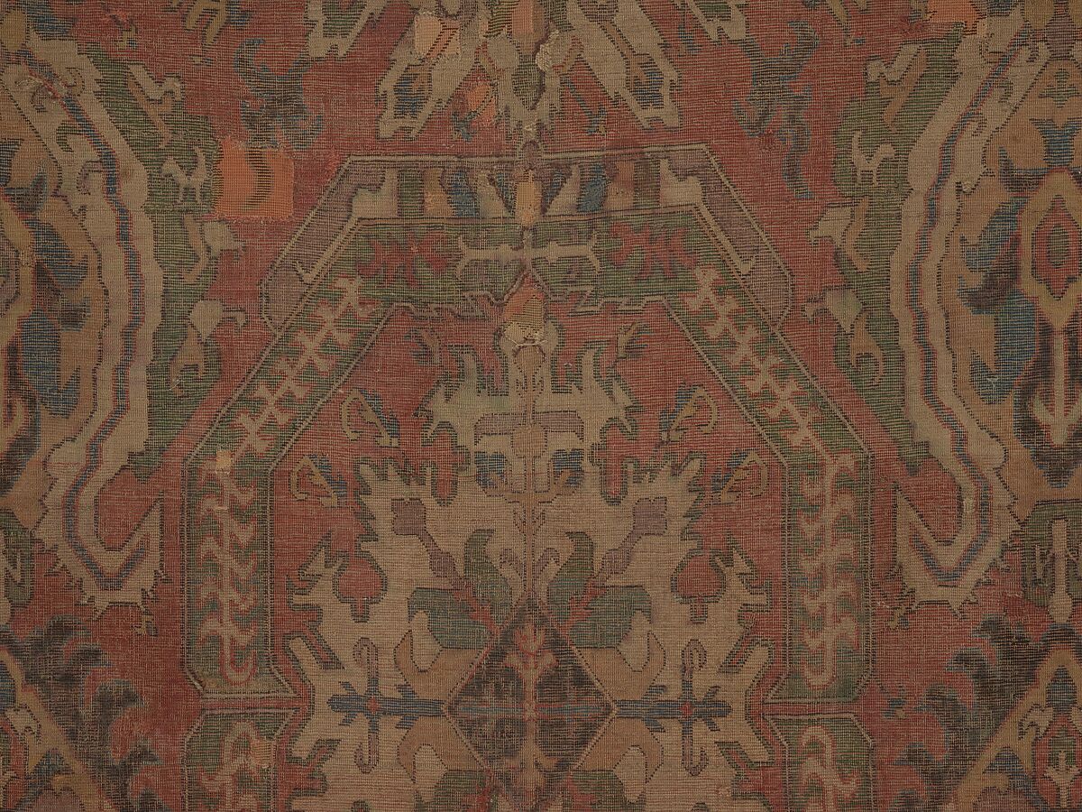 Carpet with Geometricized Floral Design, Wool (warp, weft, and pile); symmetrically knotted pile