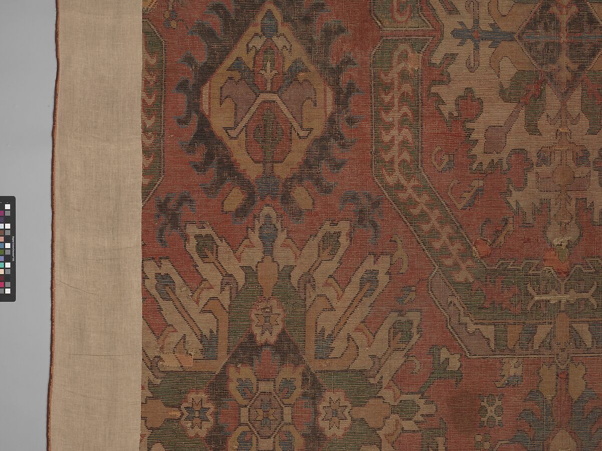 Carpet with Geometricized Floral Design, Wool (warp, weft, and pile); symmetrically knotted pile