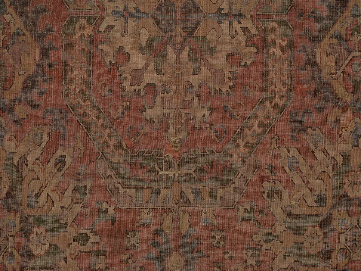 Carpet with Geometricized Floral Design, Wool (warp, weft, and pile); symmetrically knotted pile
