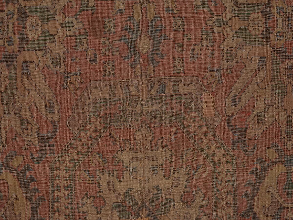 Carpet with Geometricized Floral Design, Wool (warp, weft, and pile); symmetrically knotted pile