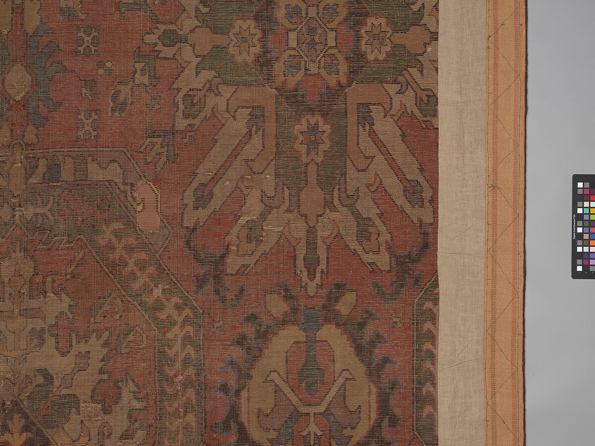 Carpet with Geometricized Floral Design, Wool (warp, weft, and pile); symmetrically knotted pile