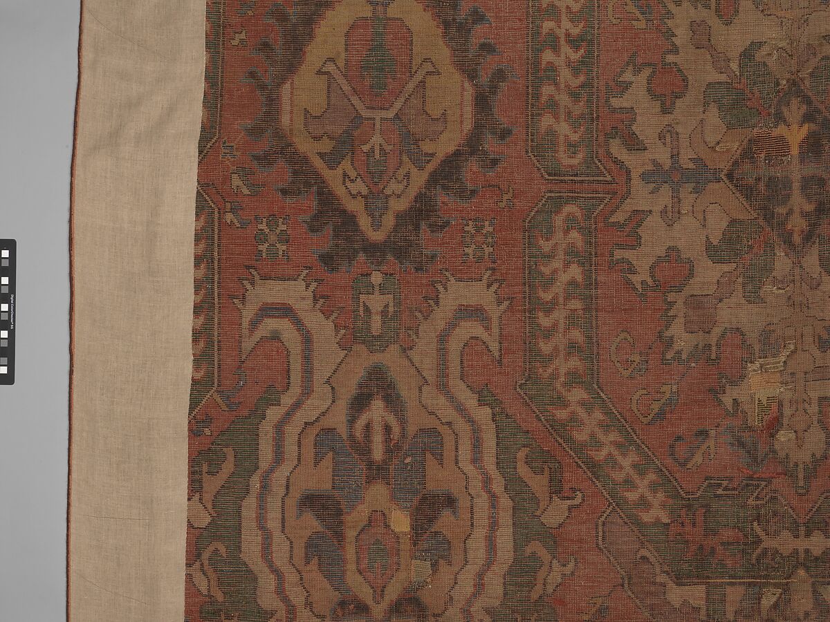 Carpet with Geometricized Floral Design, Wool (warp, weft, and pile); symmetrically knotted pile