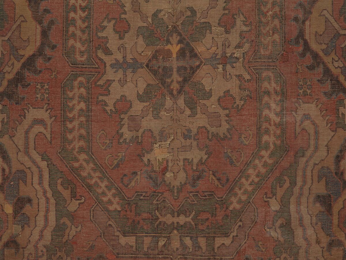 Carpet with Geometricized Floral Design, Wool (warp, weft, and pile); symmetrically knotted pile