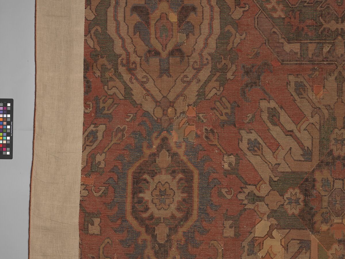 Carpet with Geometricized Floral Design, Wool (warp, weft, and pile); symmetrically knotted pile