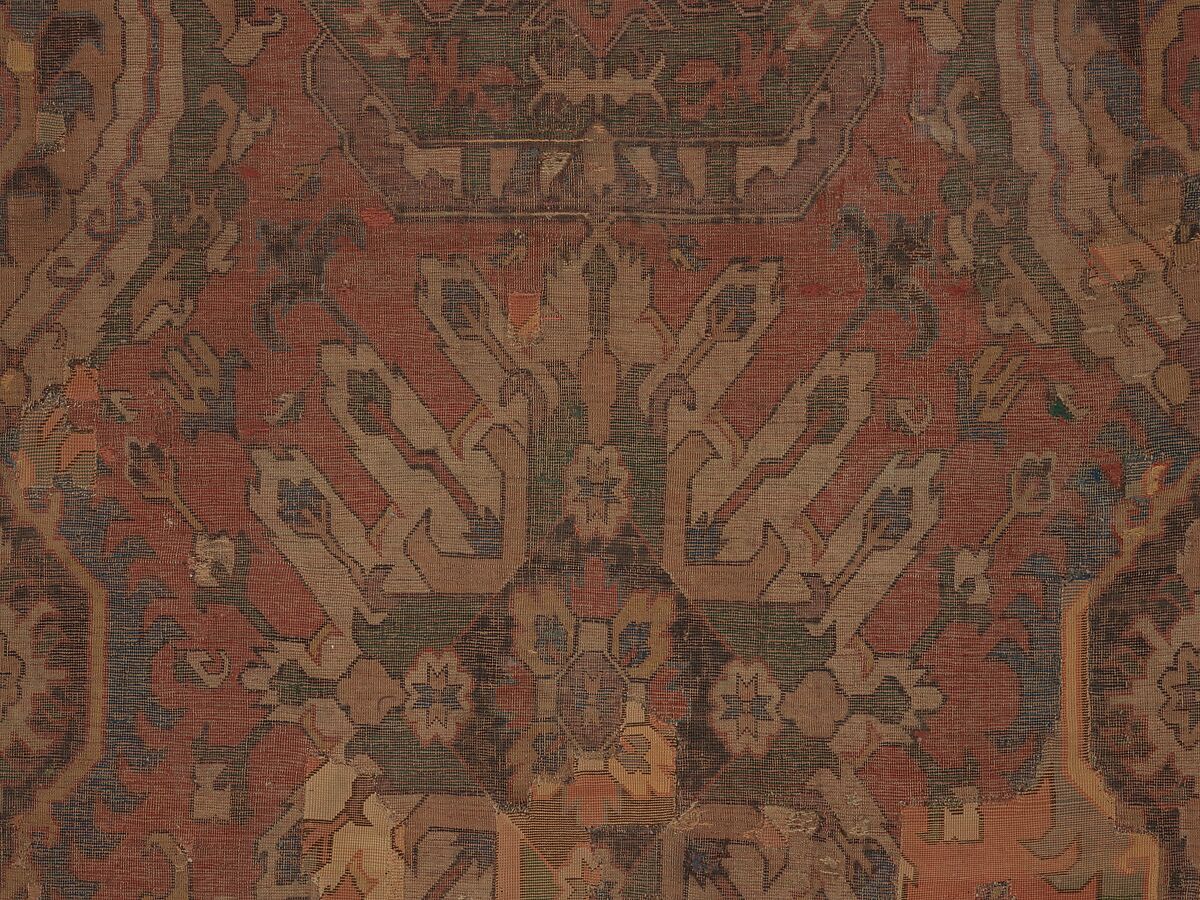 Carpet with Geometricized Floral Design, Wool (warp, weft, and pile); symmetrically knotted pile