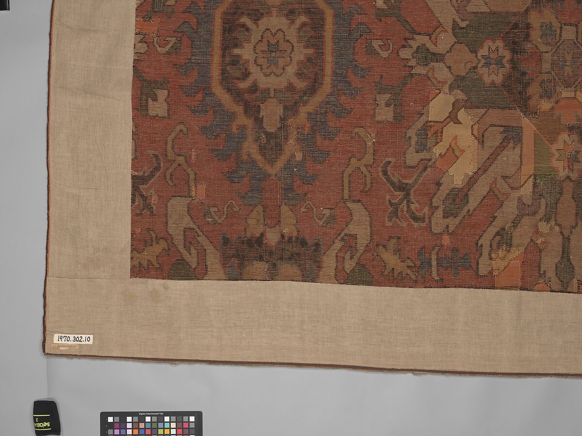 Carpet with Geometricized Floral Design, Wool (warp, weft, and pile); symmetrically knotted pile