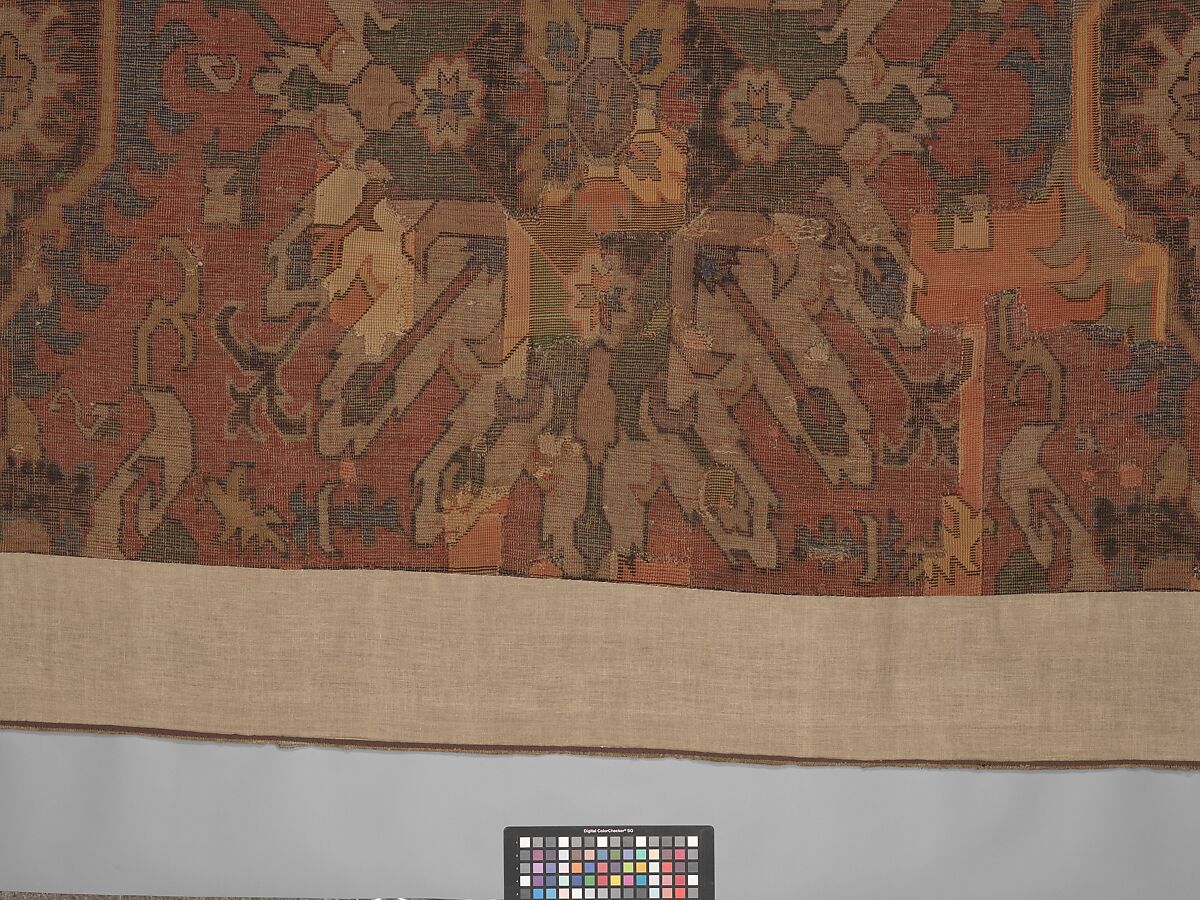 Carpet with Geometricized Floral Design, Wool (warp, weft, and pile); symmetrically knotted pile