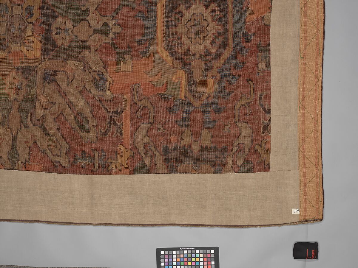 Carpet with Geometricized Floral Design, Wool (warp, weft, and pile); symmetrically knotted pile