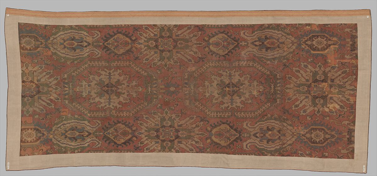 Carpet with Geometricized Floral Design, Wool (warp, weft, and pile); symmetrically knotted pile 