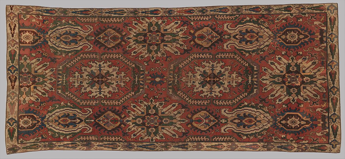 Carpet with Geometricized Floral Design, Wool (warp, weft, and pile); symmetrically knotted pile