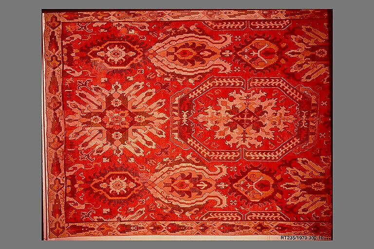 Carpet with Geometricized Floral Design, Wool (warp, weft, and pile); symmetrically knotted pile