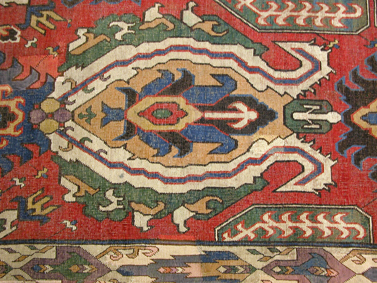 Carpet with Geometricized Floral Design, Wool (warp, weft, and pile); symmetrically knotted pile